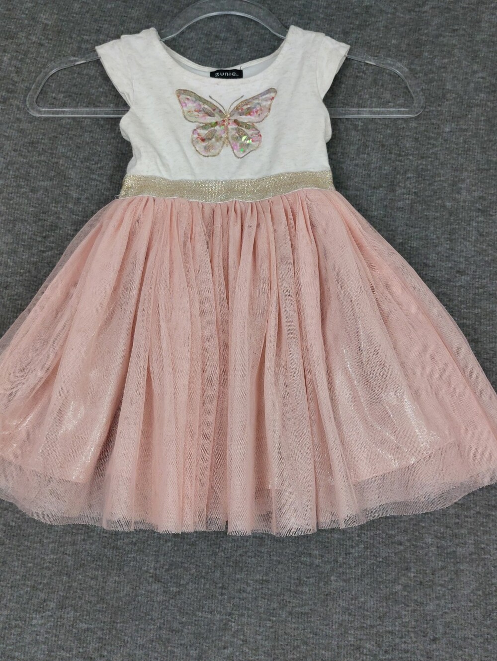 ZUNIE GIRLS GRAY PINK TULLE SEQUIN BUTTERFLY EMBELLISHED TSHIRT DRESS SIZE 4
